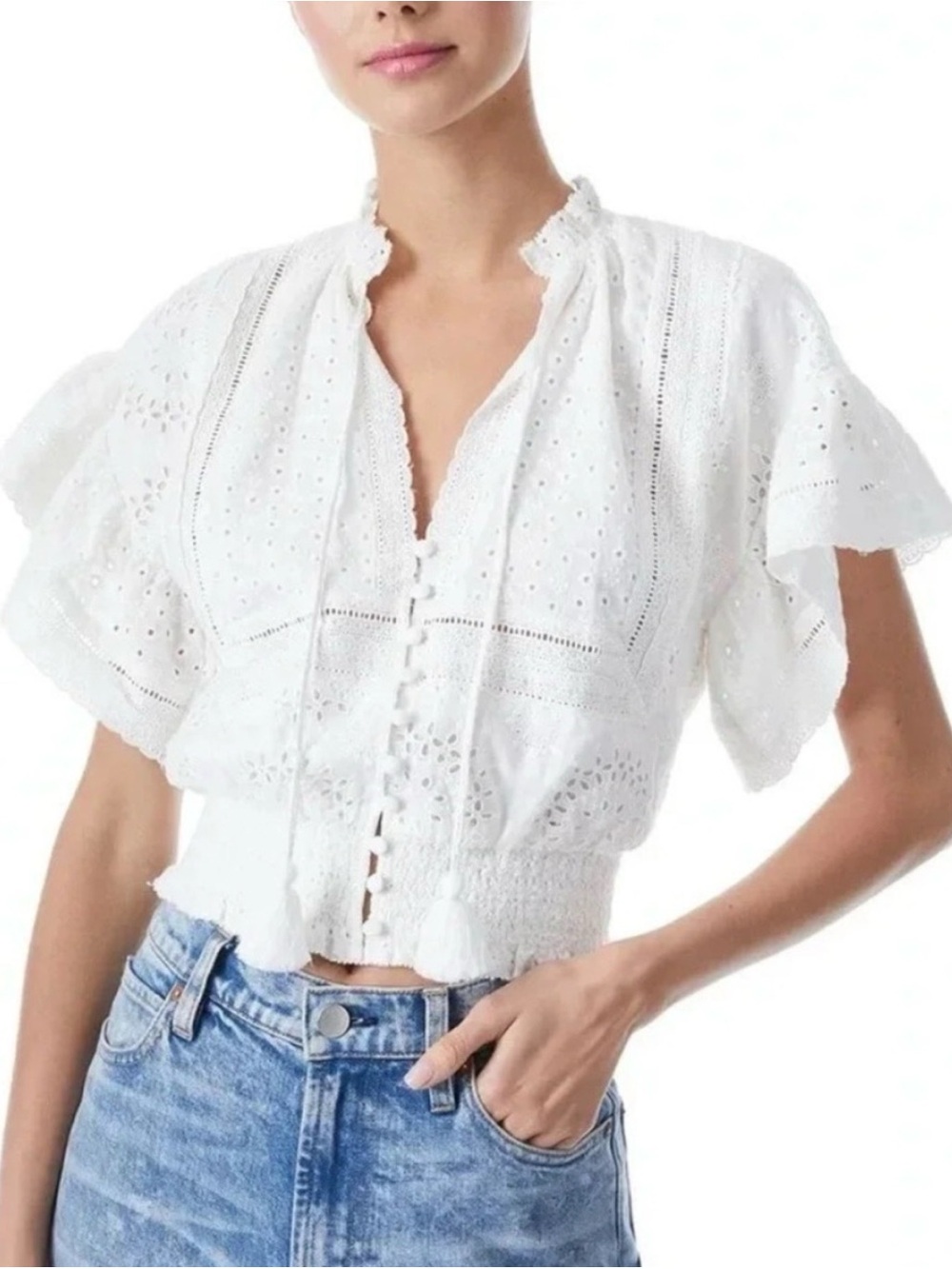 Alice + Olivia White Eyelet Smocked Waist Blouse